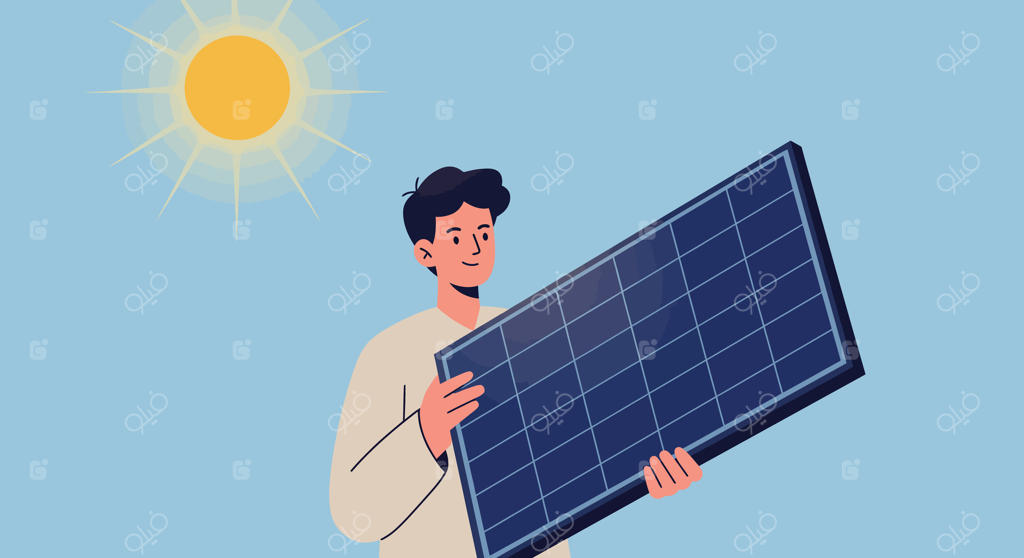 تصویر مردی که زیر آفتاب درخشان پنل خورشیدی را نگه داشته است برای تولید انرژی پاک و راه‌حل‌های پایدار