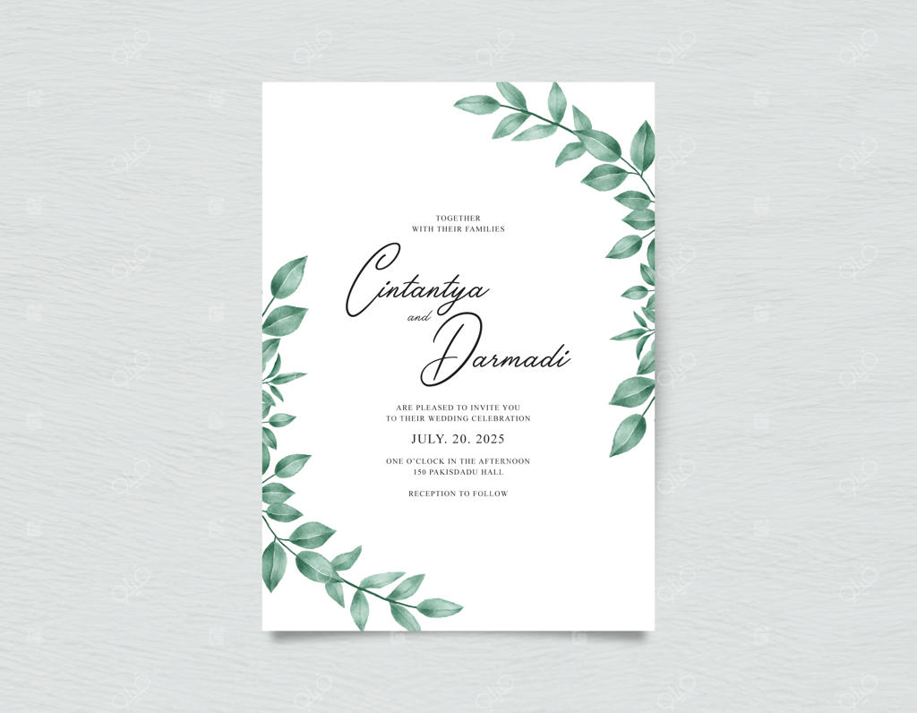 ست قالب کارت عروسی با طراحی آبرنگی و برگ‌های سبز