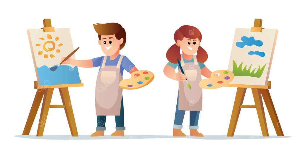 پسر و دختر هنرمند شاد در حال نقاشی روی بوم با هم