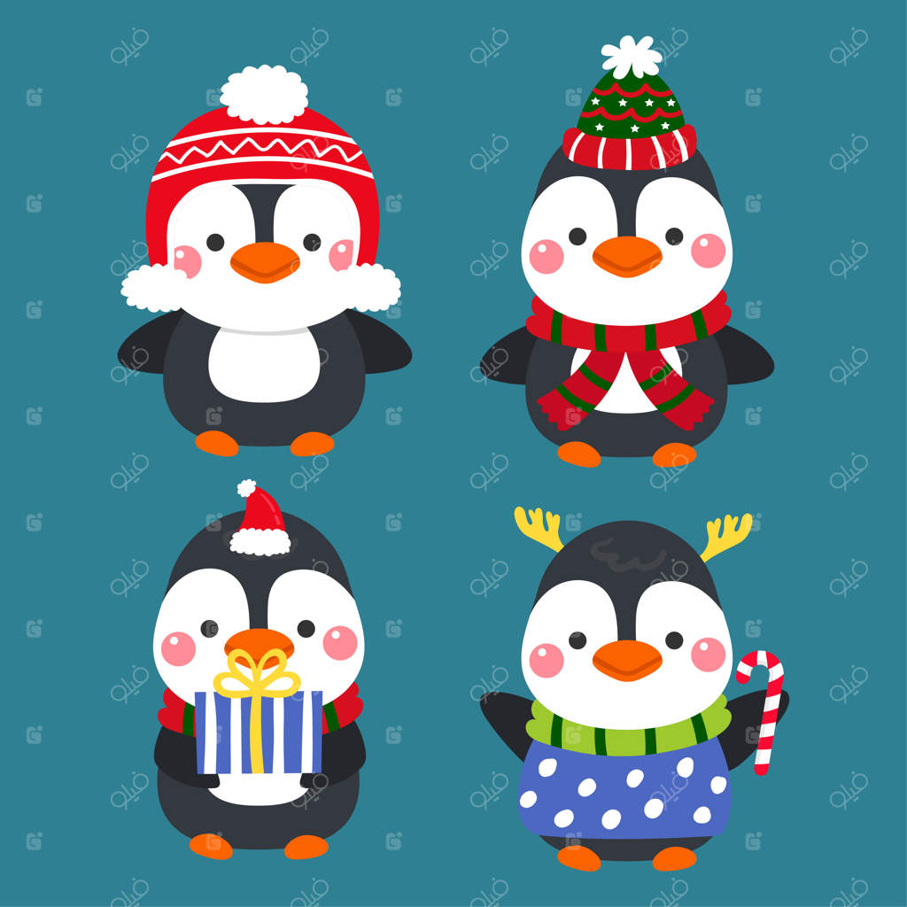 پنگوئن‌های کارتونی بامزه؛ کریسمس مبارک، وکتور.