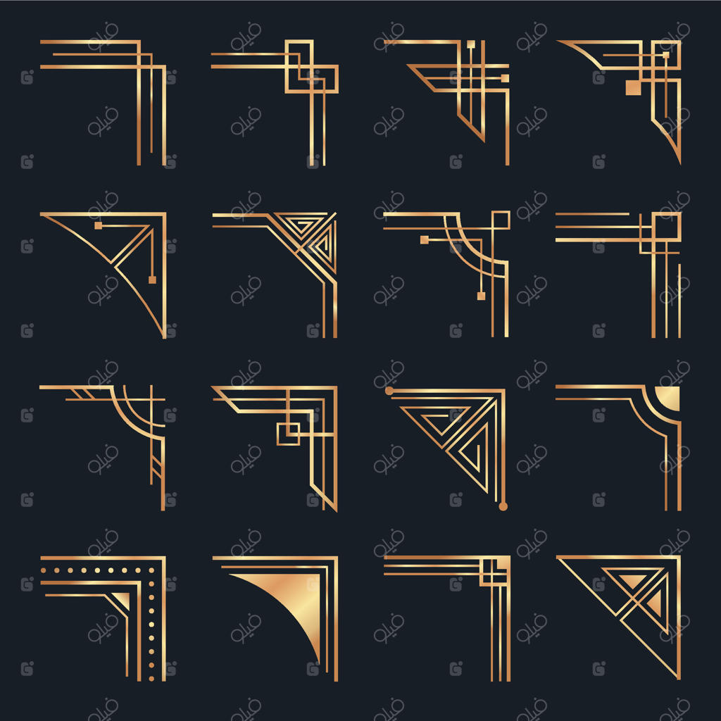 گوشه‌های آرت دکو: مجموعه عناصر طراحی هندسی طلایی برای قاب و تزئینات. طرح‌های مینیمالیستی و زیبا برای حاشیه‌ها و فریم‌ها.