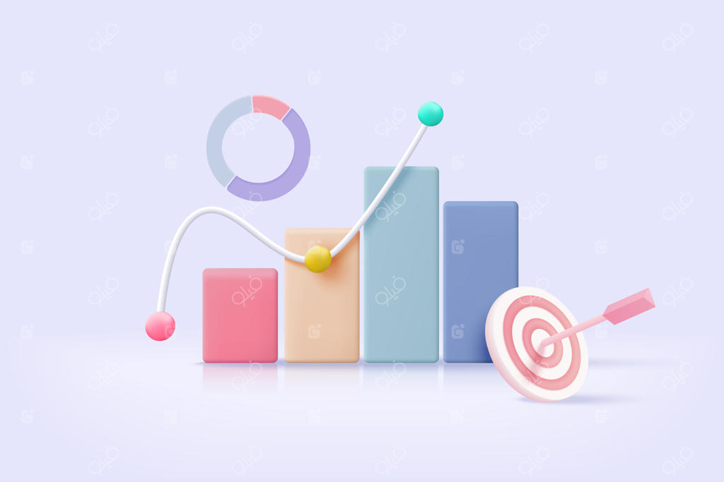 رهبری برای موفقیت در ایده‌های نو: نمودار کسب‌وکار عالی با پس‌زمینه‌ای از راه‌حل‌های خلاقانه در قالب ۳D - هدف‌گذاری برای سرمایه‌گذاری مالی در بانک‌ها و تجارت