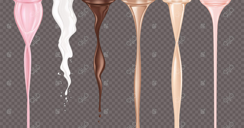 مجموعه واقع‌گرایانه جریان مایع در رنگ‌های شیر و شکلات بر روی پس‌زمینه شفاف تیره - تصویر برداری مجزا