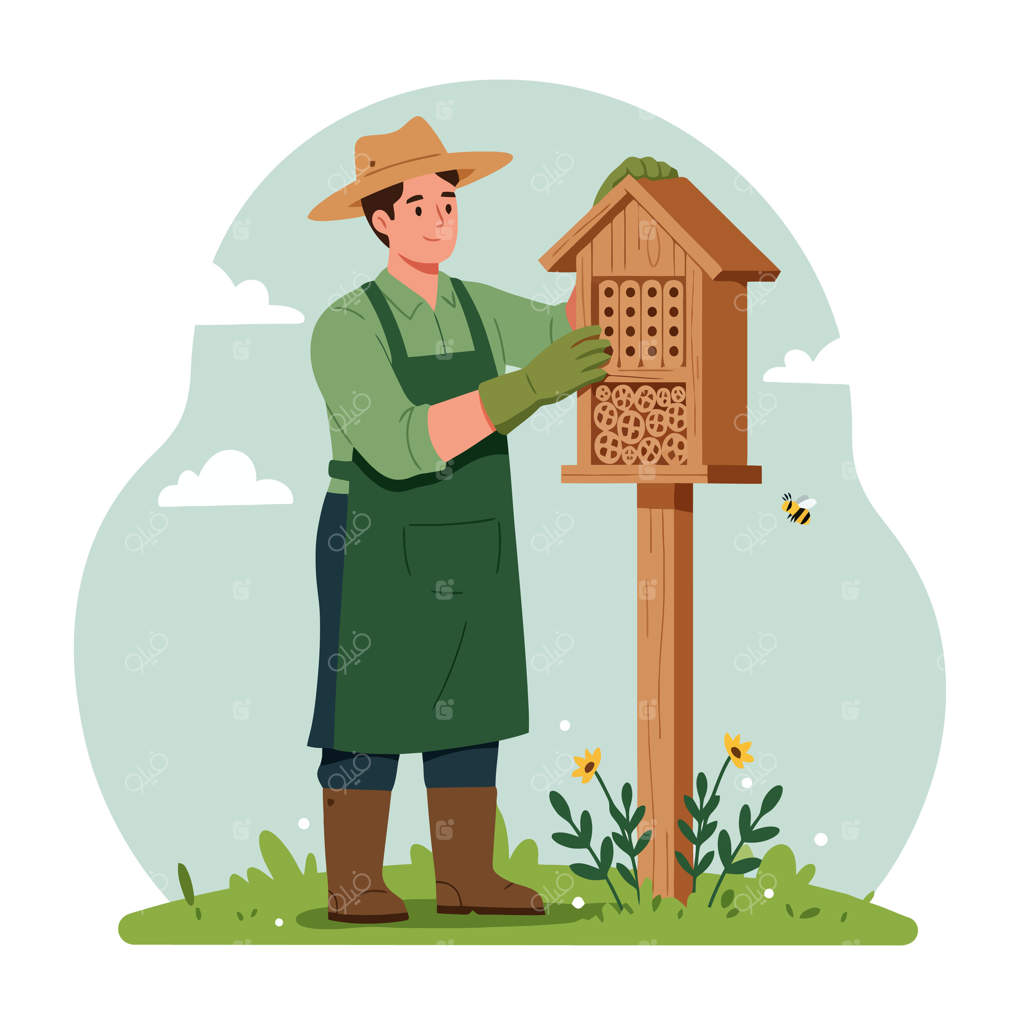 نصب هتل زنبور توسط باغبان در باغ حیاط خلوت برای حمایت از حیات وحش و گرده‌افشان‌ها