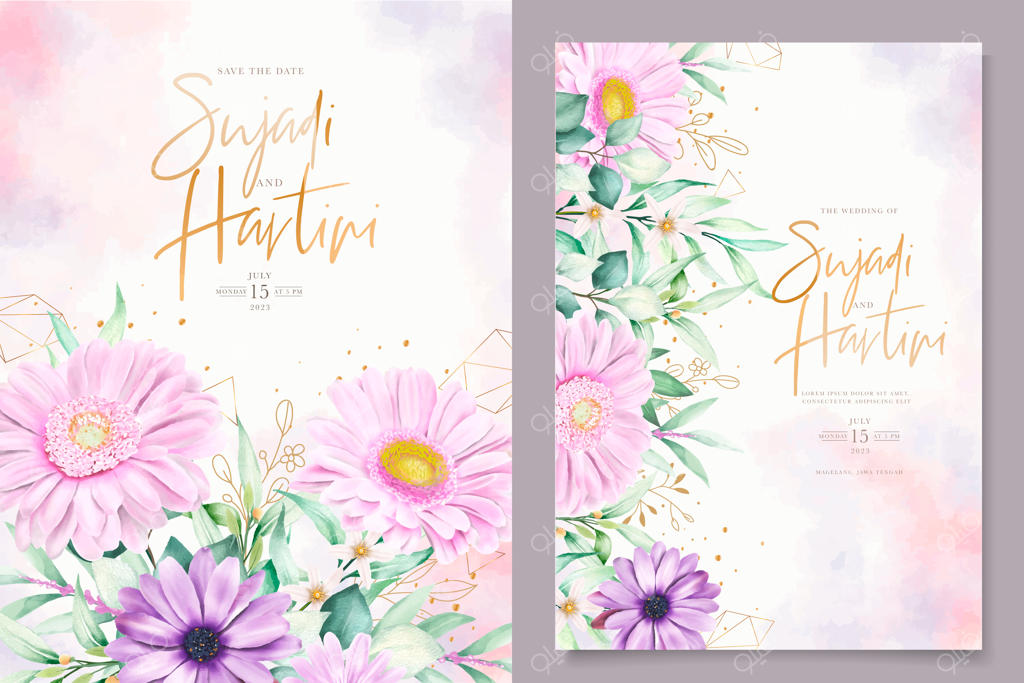 الگوی کارت دعوت گل‌های آبرنگی با رنگ‌های نرم و زیبا