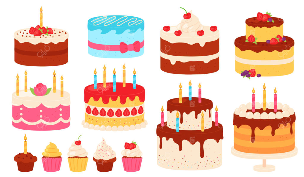 کیک‌های تولد: کیک شکلاتی و صورتی با خامه و شمع. کاپ‌کیک‌های کارتونی شیرین برای مهمانی. مجموعه‌ای از وکتورهای سالگرد شادی. دسر کیک تولد با خامه، تصویر خوشمزه شیرینی‌پزی.