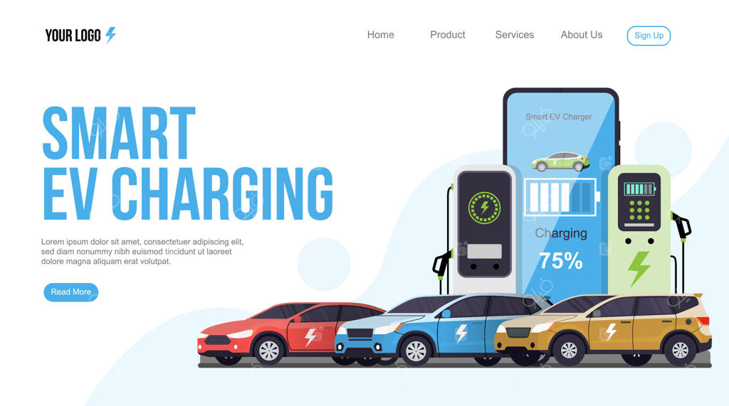 صفحه فرود شارژ هوشمند خودروی الکتریکی - تصویرسازی شارژر دیجیتال خودروهای برقی