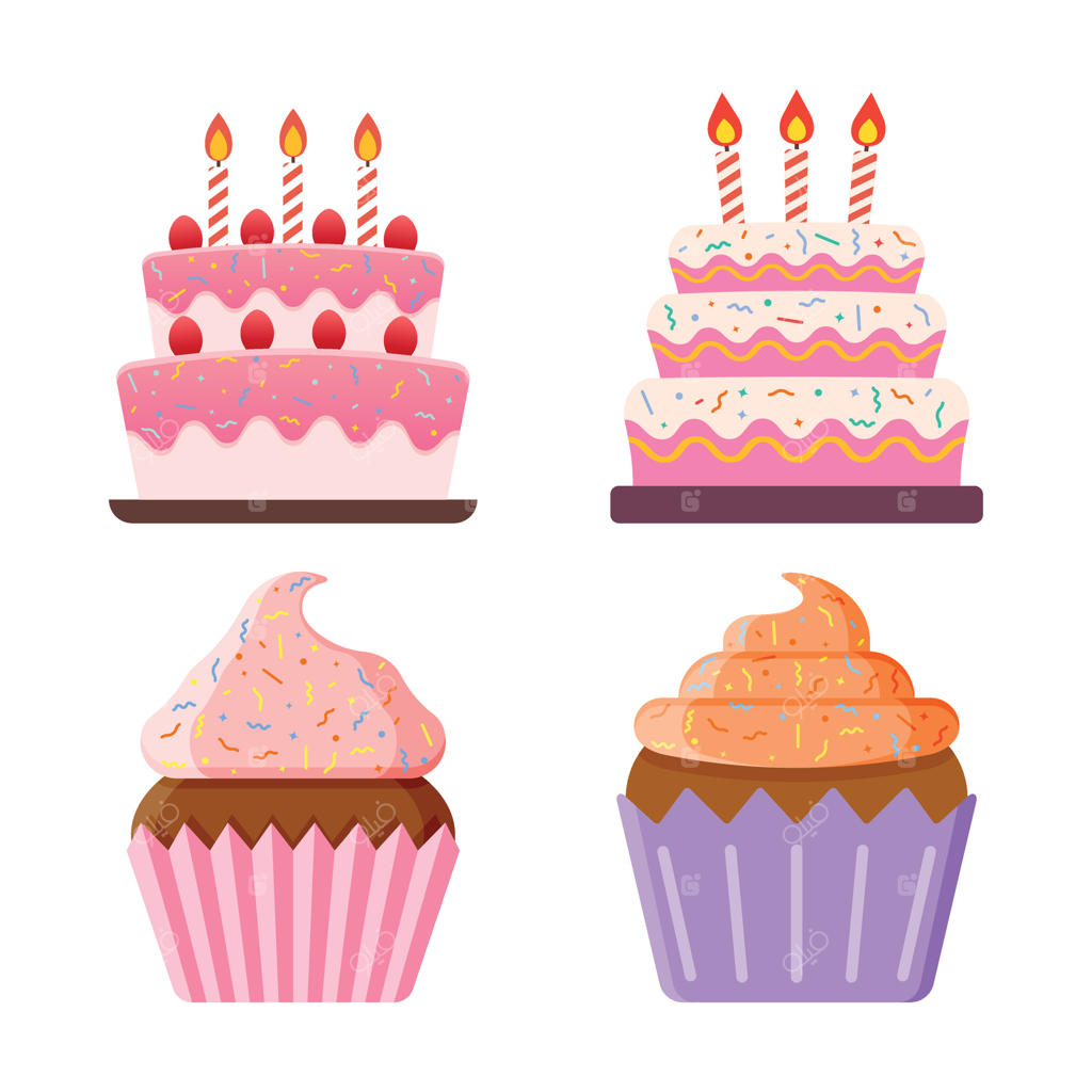 آیکون‌ های خوراکی‌های شیرین به سبک تخت. تصویر کیک تولد با پس‌زمینه‌ سفید. نماد کیک‌فنجانی برای مفهوم کسب‌وکار.