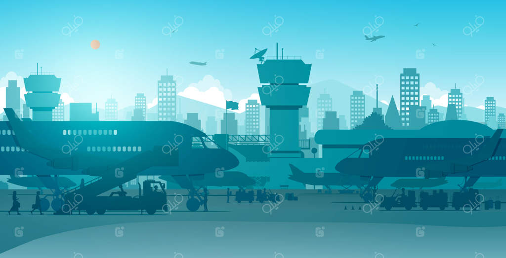 فرودگاهی در شهری که مسافران سفر می‌کنند و کارکنان مشغول به کارند.