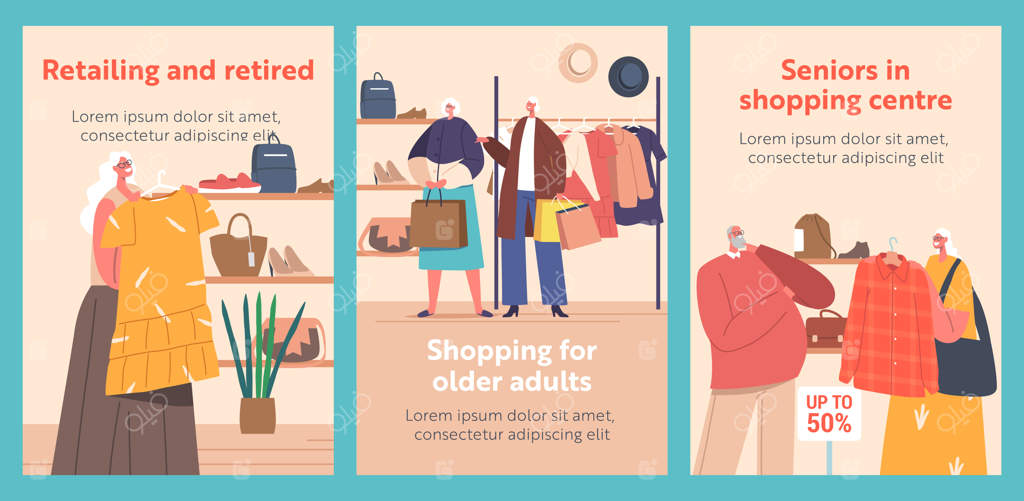 کارتون بنر: سالمندان مد لباس را در فروشگاه انتخاب می‌کنند - مردان و زنان مسن در حال خرید لباس در کنار جالباسی
