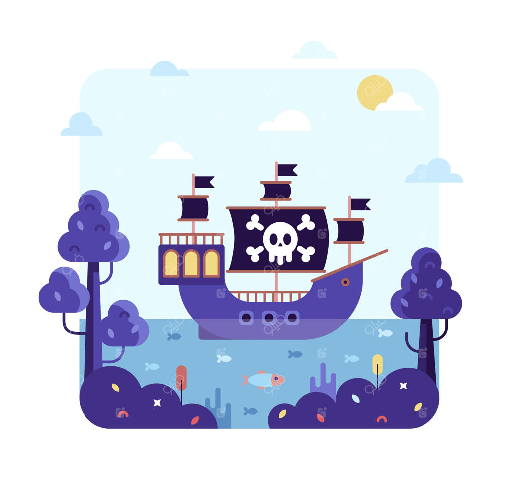 کشتی با پرچم دزدان دریایی در حال حرکت بر روی دریا - تصویر برداری کارتونی