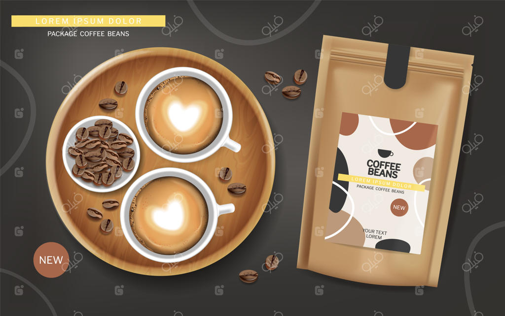 تصویر وکتور واقعی دانه‌های قهوه در یک کیسه - جایگذاری محصولات با نمای بالا از فنجان قهوه و کف شیر