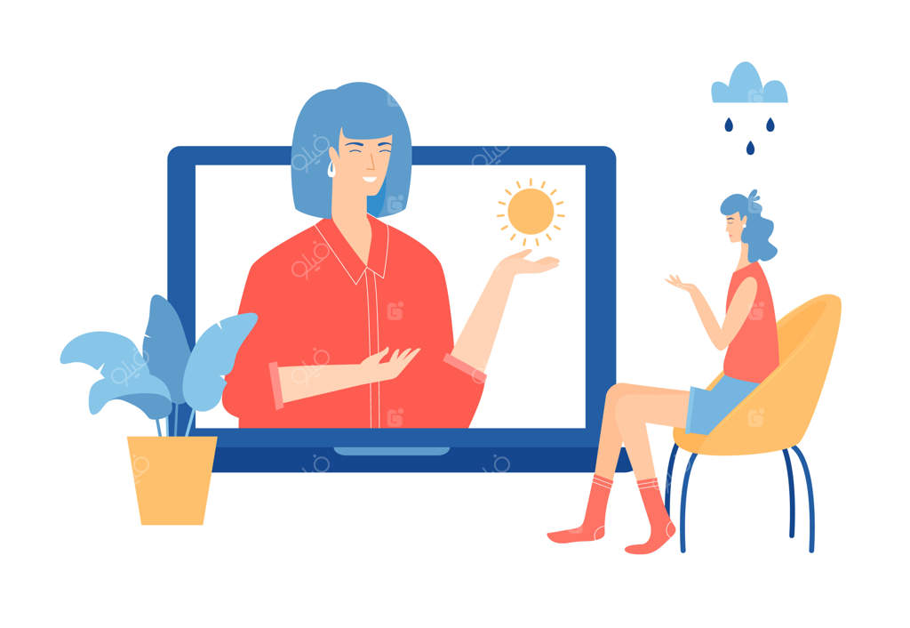 مفهوم روان‌درمانی آنلاین: جلسه مشاوره با روان‌شناس برای زن جوان