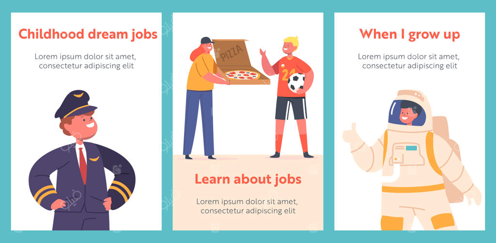 بنرهای کارتونی مشاغل کودکان: خلبان، پیک پیتزا، فضانورد و فوتبالیست - ماجراجویی در دنیای حرفه‌ها برای کودکان