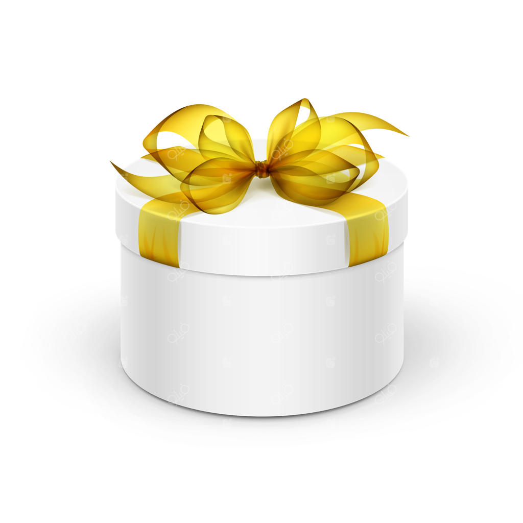 جعبه هدیه گرد سفید با روبان و پاپیون زرد روی زمینه