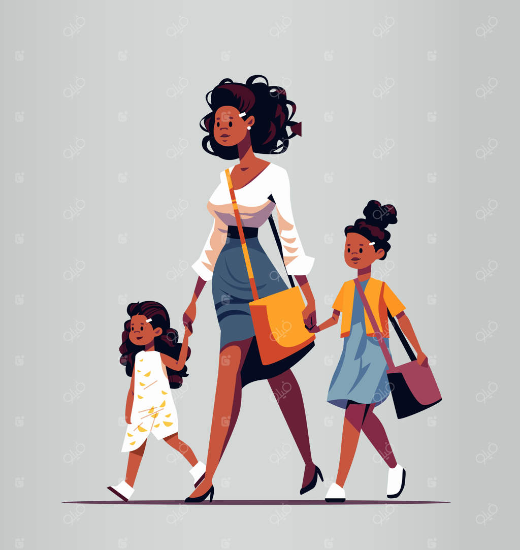 مادری با دختران کوچک در حال قدم زدن، مادر آفریقایی-آمریکایی دختران را به مدرسه یا مهدکودک می‌برد، مفهوم مادر بودن و خانواده‌ی خوشحال، تصویر برداری کامل.