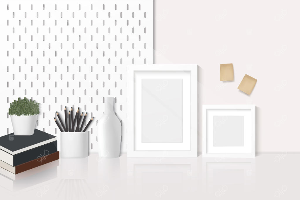 میز کار خانگی، فضای کاری با فضای خالی برای نوشتن، لوازم‌التحریر، کتاب‌ها و تزئینات