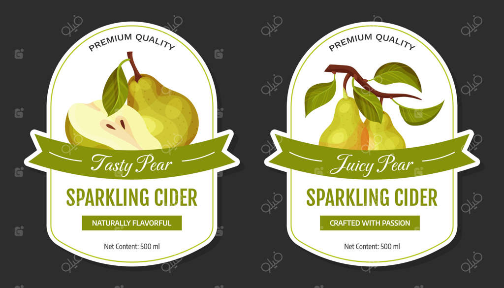 طراحی برچسب نوشیدنی سیب‌گلابی تازه با قالب محصول باغی