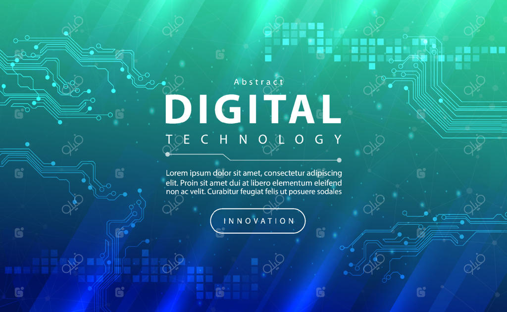 بنر فناوری دیجیتال با پس‌زمینه سبز و آبی و جلوه‌های نوری، طرح انتزاعی تکنولوژی، نوآوری و داده‌های آینده، شبکه اینترنت، هوش مصنوعی و کلان‌داده، اتصال خطوط و نقاط، وکتور