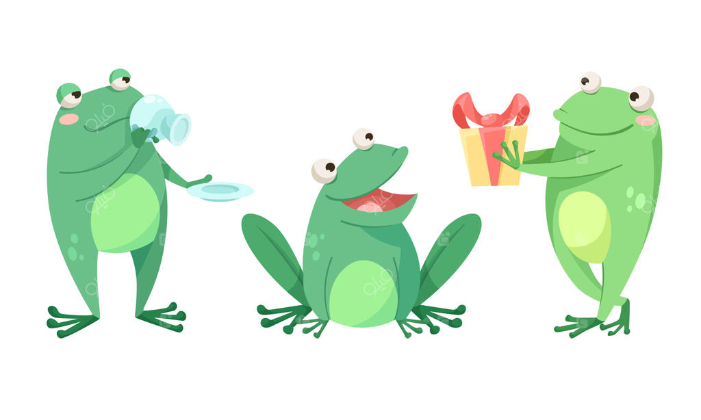 گروهی از قورباغه‌های شاد در حال لذت بردن از خوراکی‌ها و نوشیدنی‌ها در فضای باز