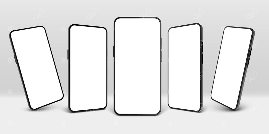 نمایش واقع‌گرایانه صفحه موبایل، قالب سه‌بعدی قاب صفحه‌نمایش و گوشی‌های هوشمند مشکی. ارائه مدل جدید دستگاه و ارتباطات