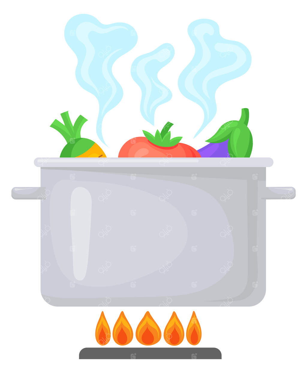 آیکون آشپزی: سبزیجات در حال جوشیدن در قابلمه روی اجاق