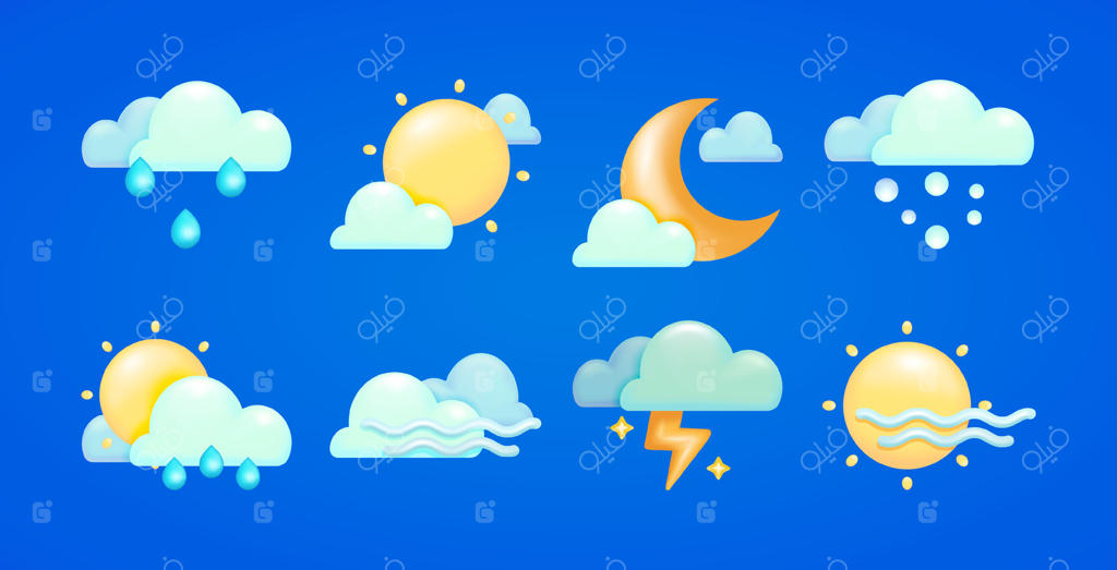 مجموعه آیکون‌های آب و هوای سه‌بعدی مدرن. نماد وکتور روی پس‌زمینه آبی. ایده‌آل برای دارایی‌های طراحی.