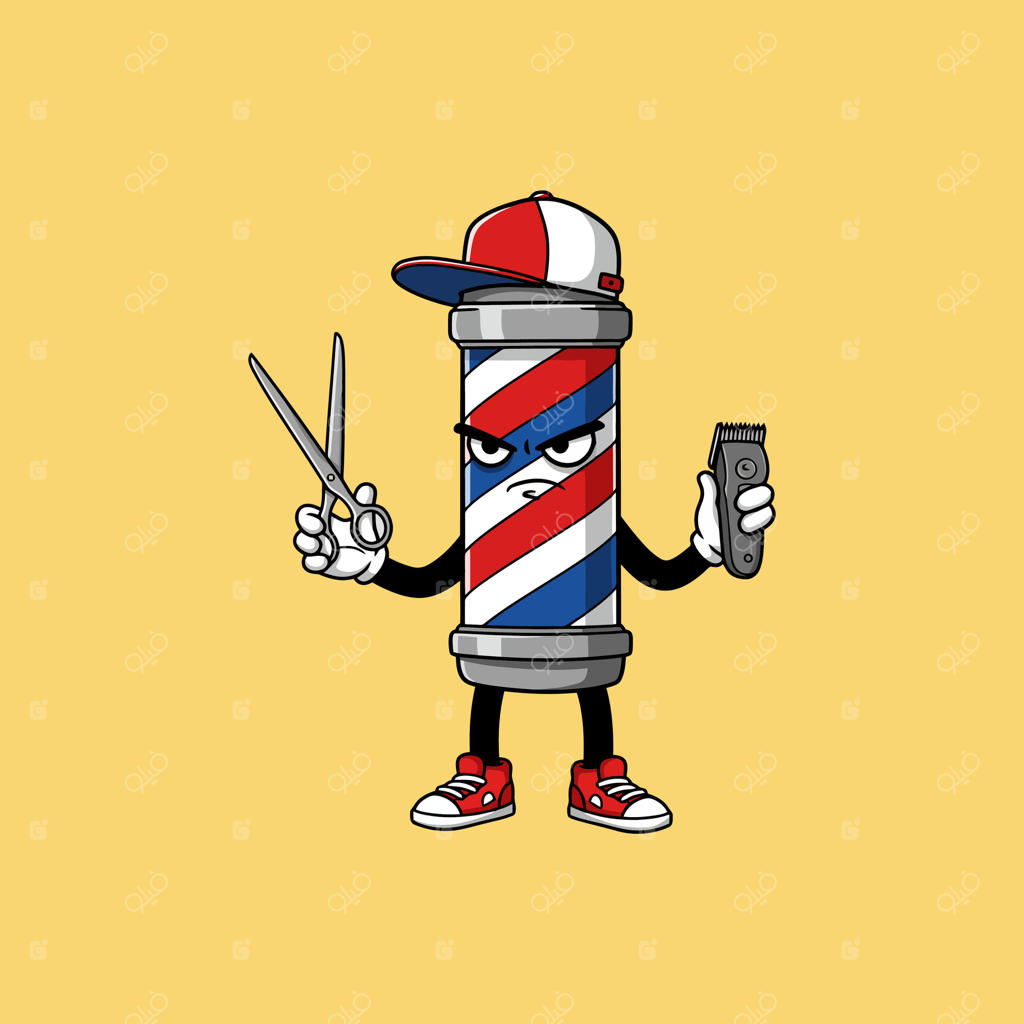 این تصویر، نماد استایل‌شده‌ای از یک میله آرایشگری را نشان می‌دهد که قیچی و ماشین اصلاح در دست دارد و حالت چهره‌اش جدی است.