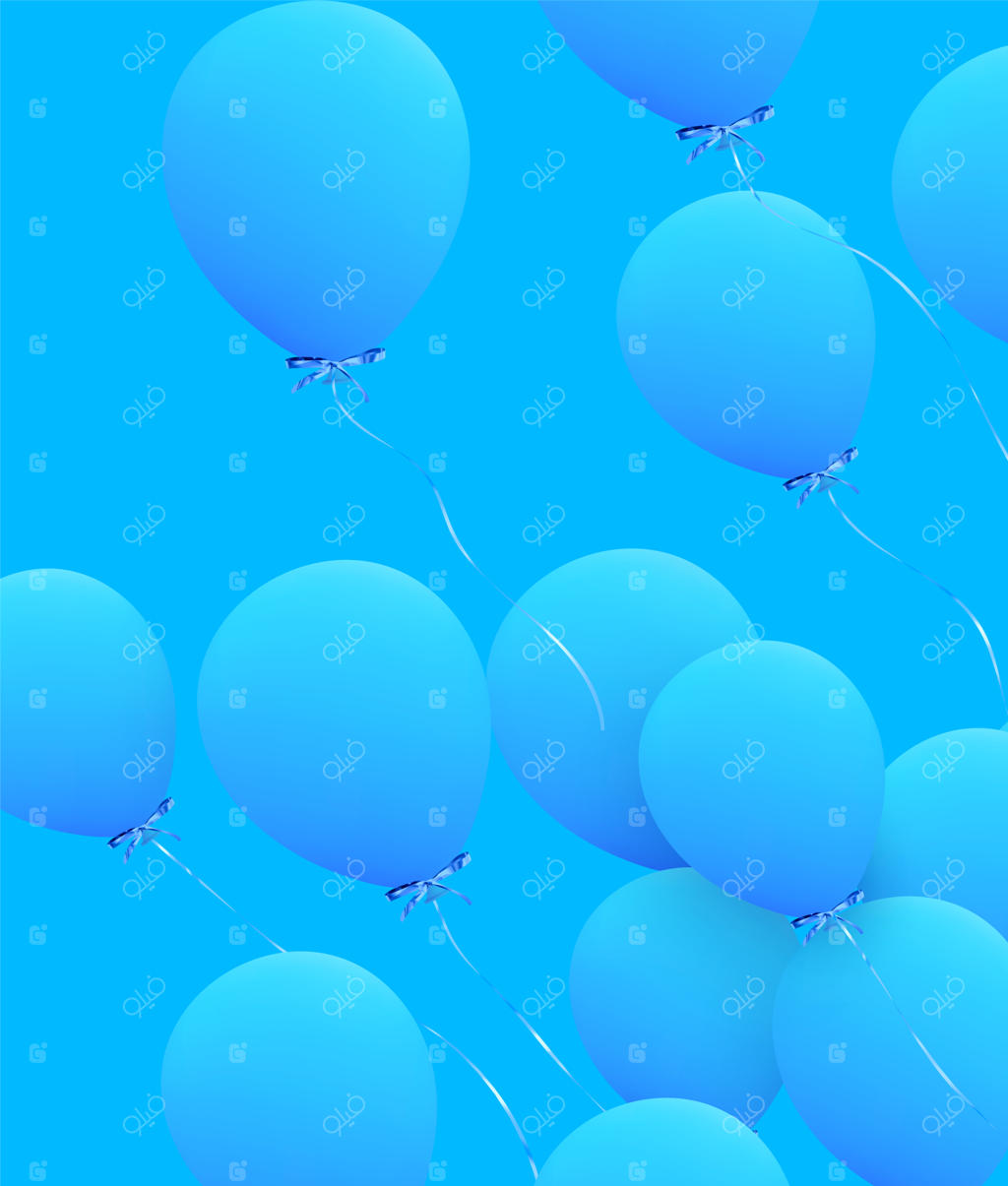 پس‌زمینه جشن با بادکنک‌های هلیومی. جشن تولد، پوستر، بنر سالگرد مبارک. عناصر تزئینی واقع‌گرایانه. بادکنک سه‌بعدی با روبان به رنگ آبی.