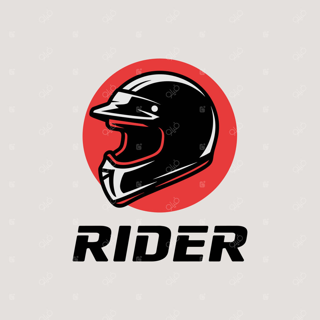 لوگو کلاه ایمنی موتورسواری در دایره سیاه و قرمز با متن "RIDER" برای برندینگ موتوراسپورت و ماجراجویی