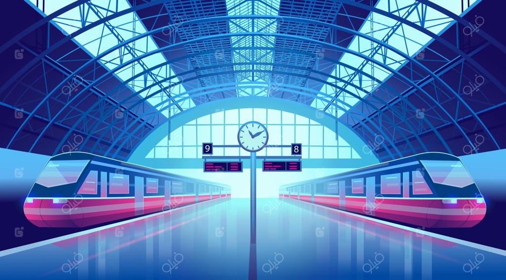 سکوهای ایستگاه راه‌آهن با قطارهای سریع‌السیر مدرن و یک ساعت.