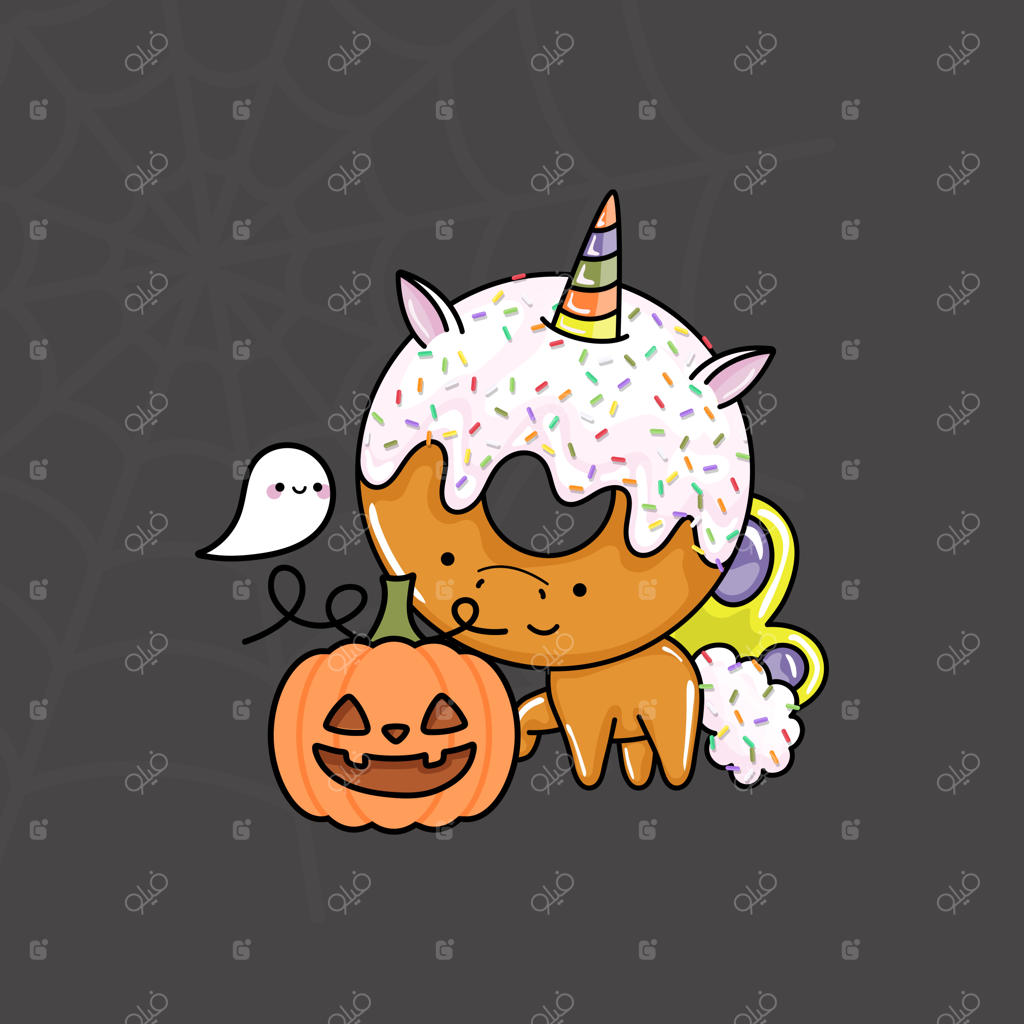 کلیپ آرت تک‌شاخ هالووین کیوت رنگی و سیاه‌ و سفید - دونات تک‌شاخ هالووین کیوت