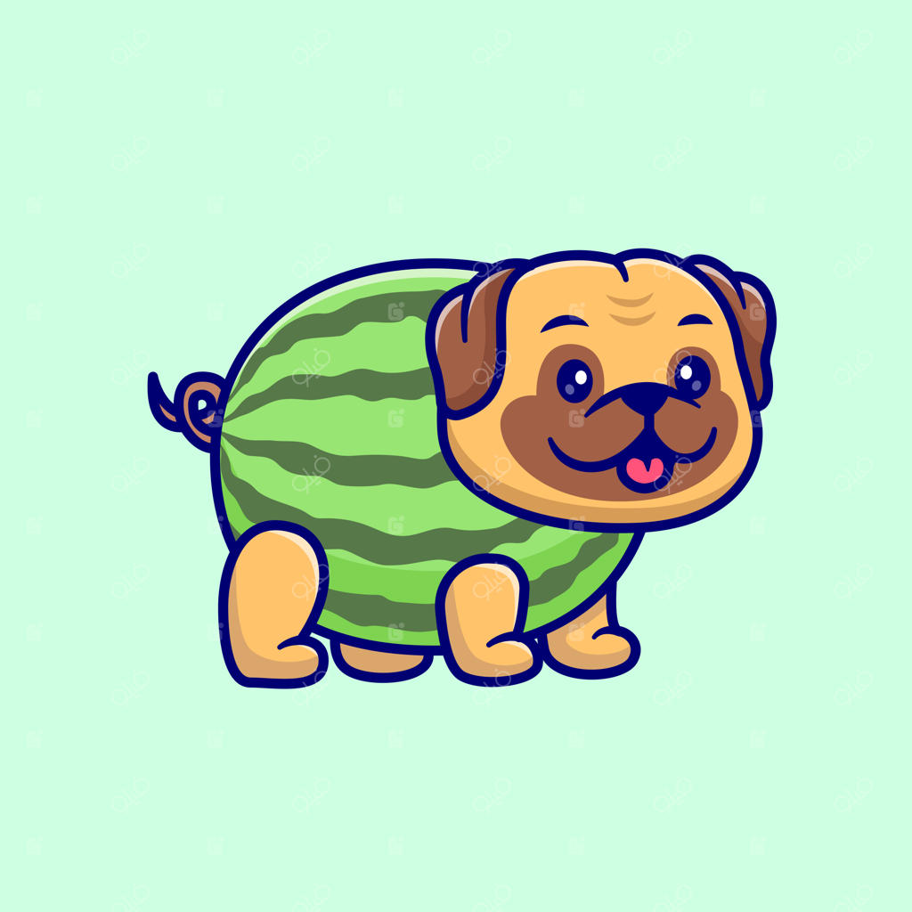 تصویر بامزه سگ پاگ با لباس هندوانه: نماد وکتور کارتونی. مفهوم نماد غذای حیوانات