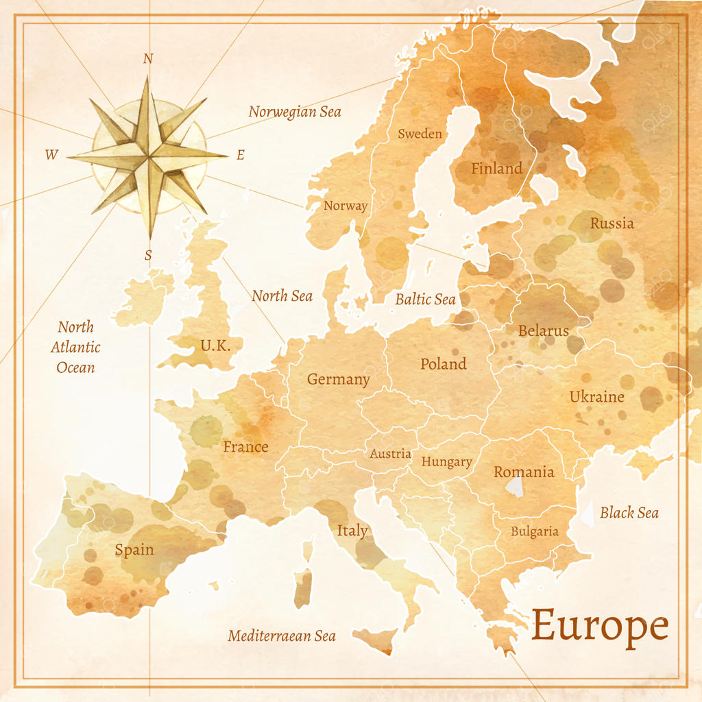 نقشه اروپا به سبک آبرنگی قدیمی