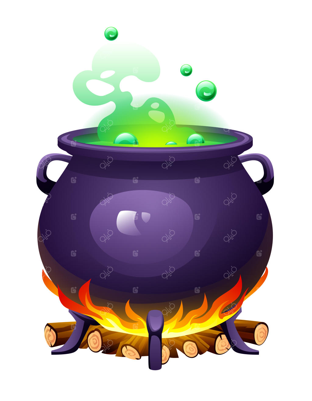 تصویرسازی کارتونی وکتور دیگ جادوگر با معجون سبز جوشان روی هیزم‌های شعله‌ور