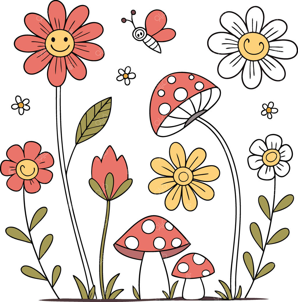 تصویر باغ خیالی با گل‌های خندان، قارچ‌ها و پروانه