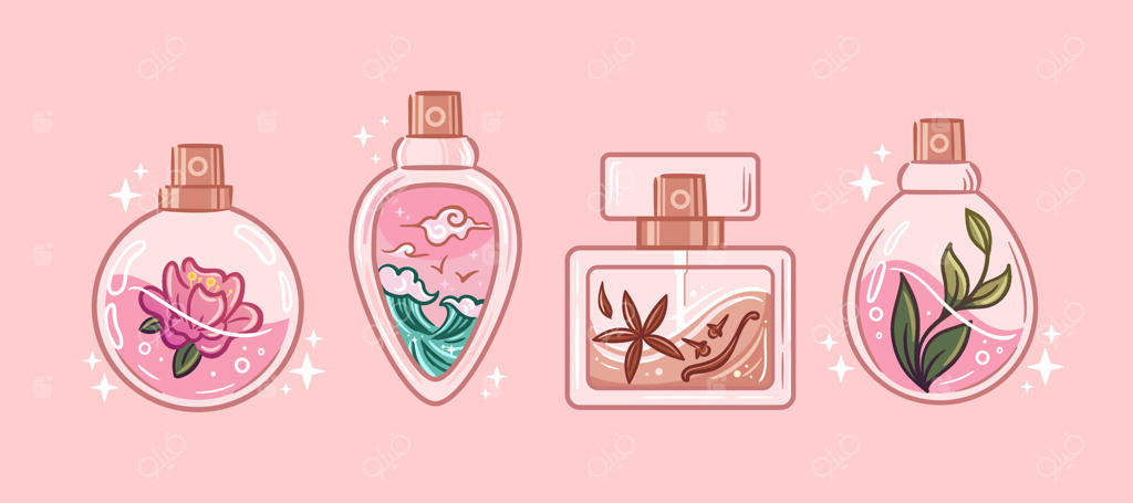 مجموعه بطری‌های عطر با طرح اسکچ و رایحه‌های گلی، ادویه‌ای، اقیانوسی و گیاهی. این بطری‌های جذاب که شبیه معجون‌های جادویی هستند، برای استیکر، پوستر، کارت‌پستال و المان‌های طراحی ایده‌آل‌اند.
