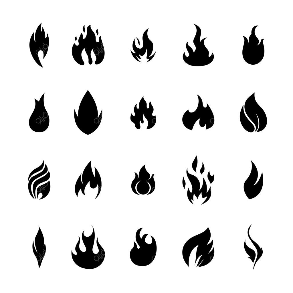 مجموعه آیکون‌های وکتور خطی و دورخط آتش و شعله، نمادهای آتش کمپ و المان‌های شعله‌ور