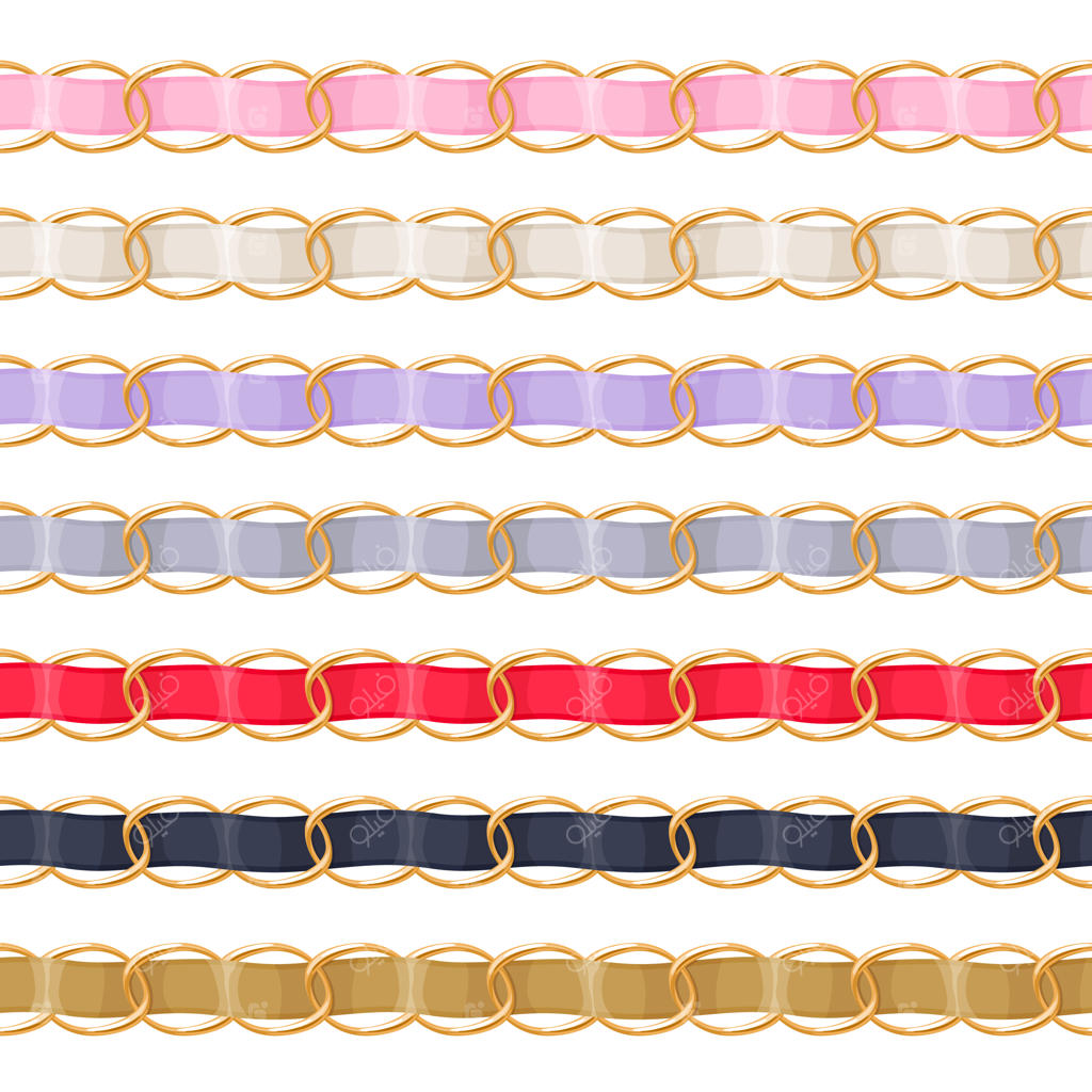 زنجیرهای طلایی با نوارهای پارچه‌ای رنگارنگ: مناسب برای گردنبند، دستبند و جواهرات.