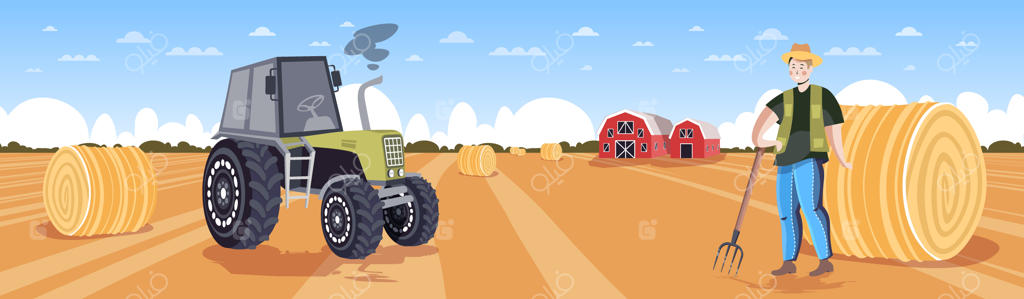 کشاورز مرد با لباس کار در حال جمع‌آوری کاه با تراکتور و بسته‌بندی یونجه در مزرعه برداشت گندم - مفهوم کشاورزی پایدار