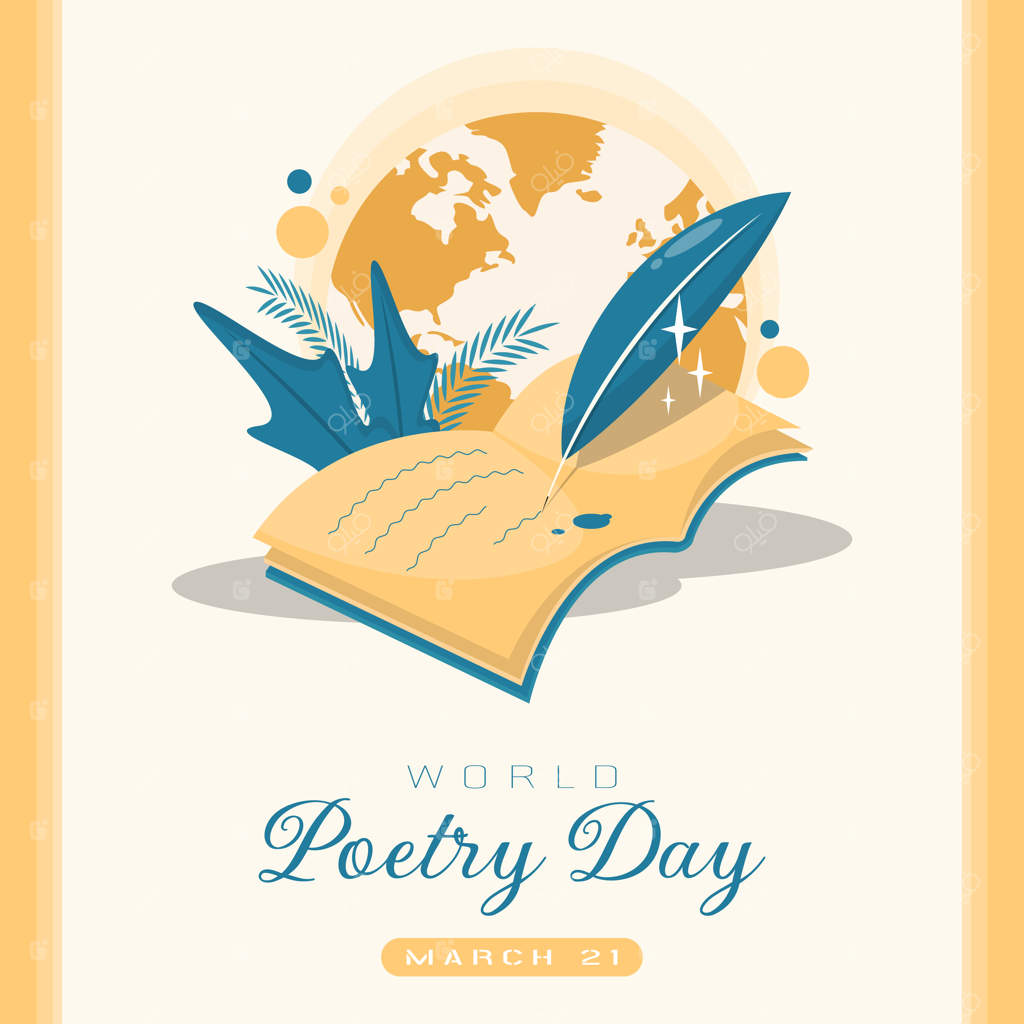 پوستر روز جهانی شعر: نوشتن شعر با قلم پر در یک کتاب