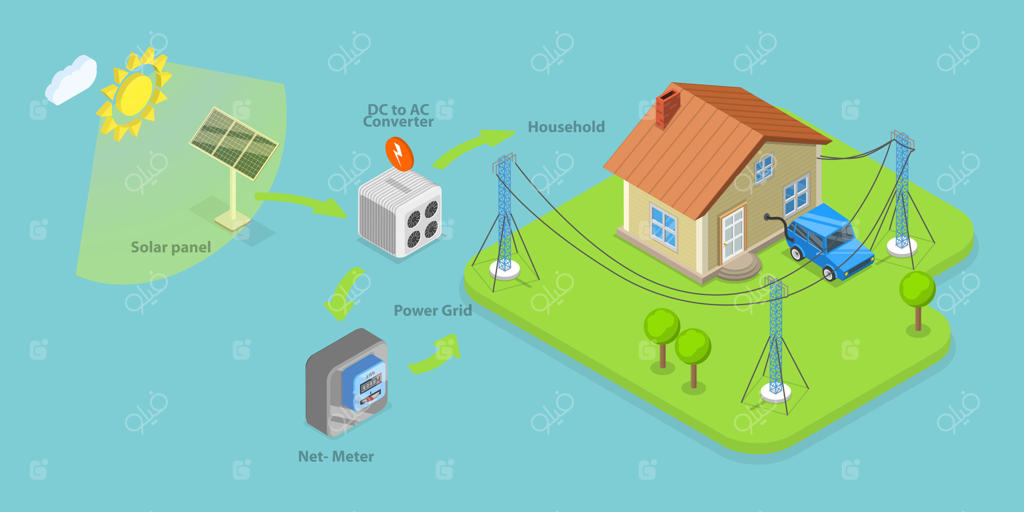 تصویر مفهومی ایزومتریک از سیستم فتوولتائیک خورشیدی و نیروگاه پنلی سه‌بعدی