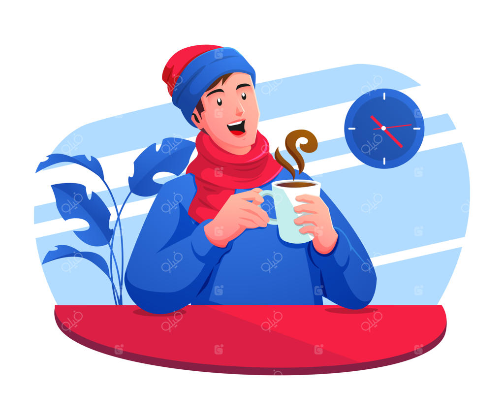 مردی لباس گرم می‌پوشد و فنجانی نوشیدنی گرم می‌نوشد