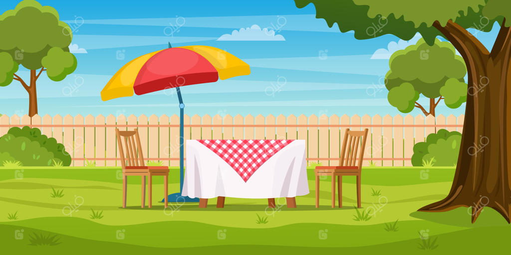 حیاط پشتی خانه با چمن سبز، درختان و بوته‌ها. مبلمان مدرن باغ با میز و صندلی کارتونی و چتر بزرگ. فضای بیرونی برای مهمانی‌های تابستانی و باربیکیوی. تصویرسازی وکتور به سبک تخت.