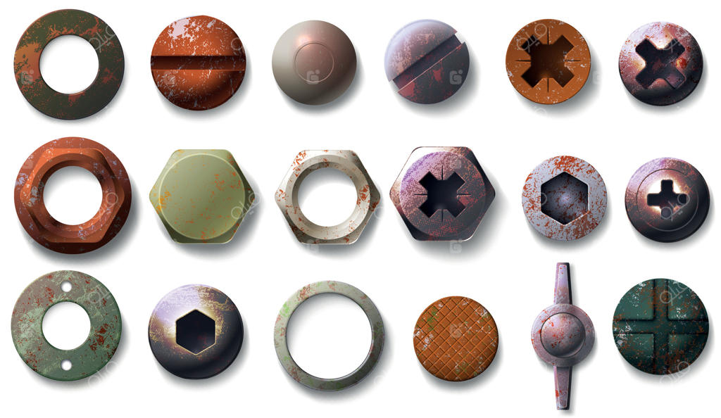 نمای بالای پیچ‌ها و مهره‌های قدیمی و زنگ‌زده: مجموعه‌ای از ریزنگار‌های فلزی با بافت زنگ‌زده