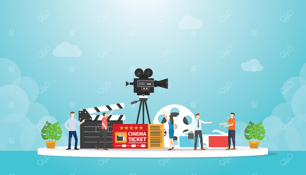 تصویرسازی به سبک مدرن از جشنواره فیلم سینمایی با المان‌های متنوع سینما و افراد در حال گفتگو