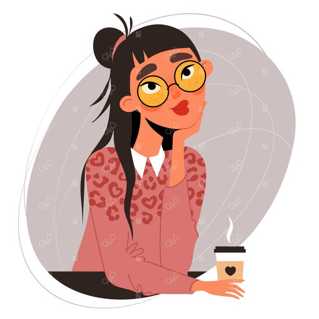 تصویر کارتونی دختری جوان و شاد با فنجان قهوه داغ