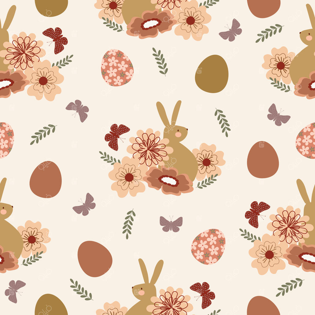 خرگوش زیبای عید پاک در باغی پر از گل و تخم‌مرغ‌ها