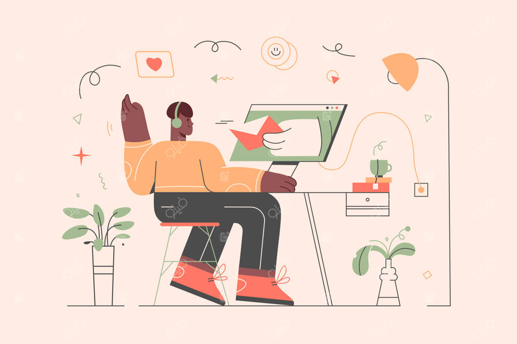 تصویر مردی در حال نوشتن نامه: فردی نشسته پشت میز و پیام را در کامپیوتر تایپ کرده و ارسال می‌کند.