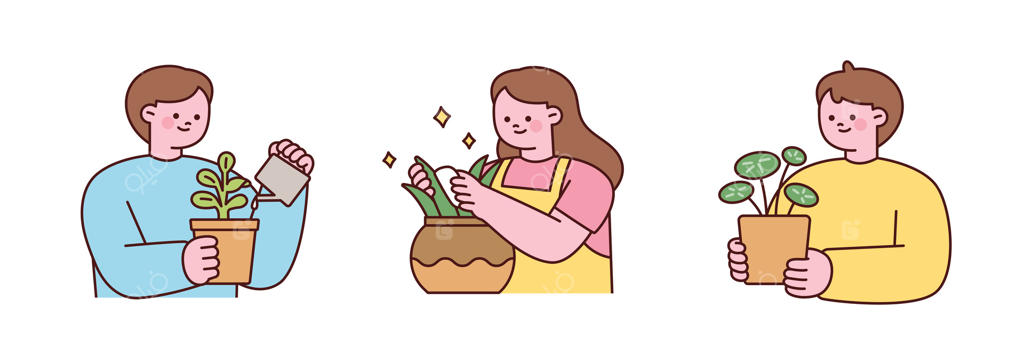 افراد جذاب در حال مراقبت از گیاهان خانگی و لذت بردن از باغبانی در فضای داخلی. نقاشی به سبک کارتونی.